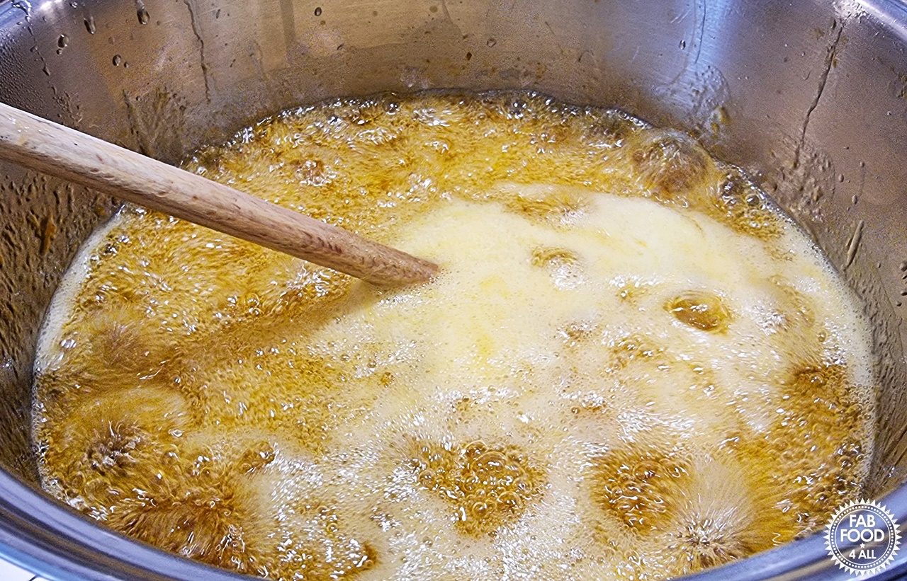 Dissolved sugar and Mirabelles brought to a rolling boil.