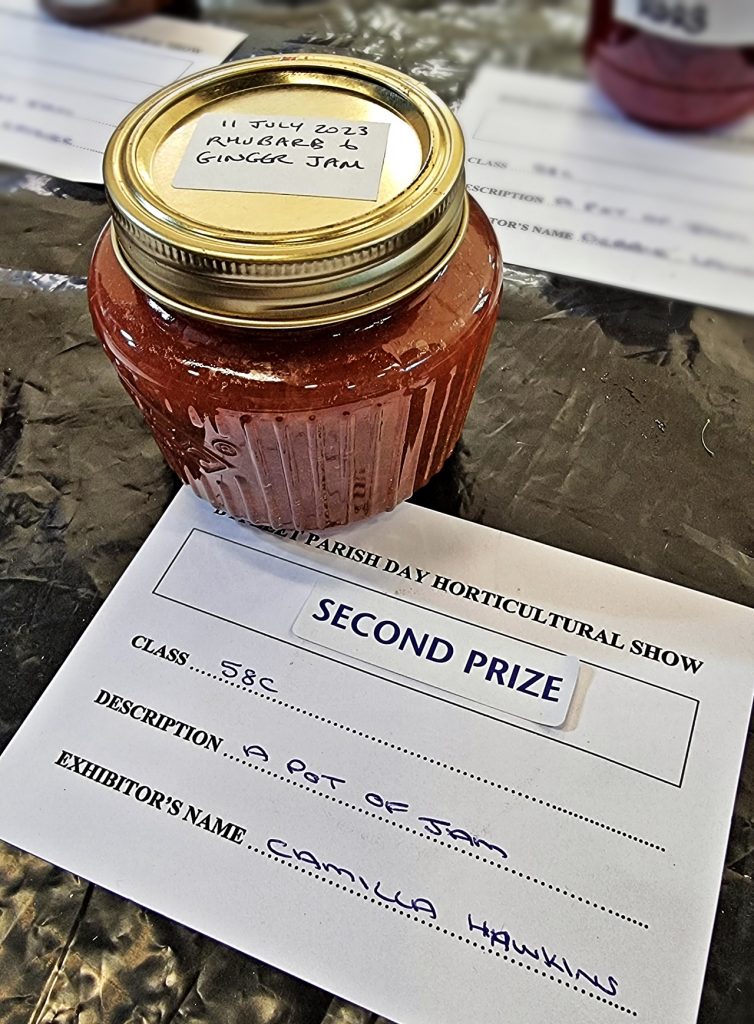 Prize winning Rhubarb & Ginger Jam with certificate from Parish Day.