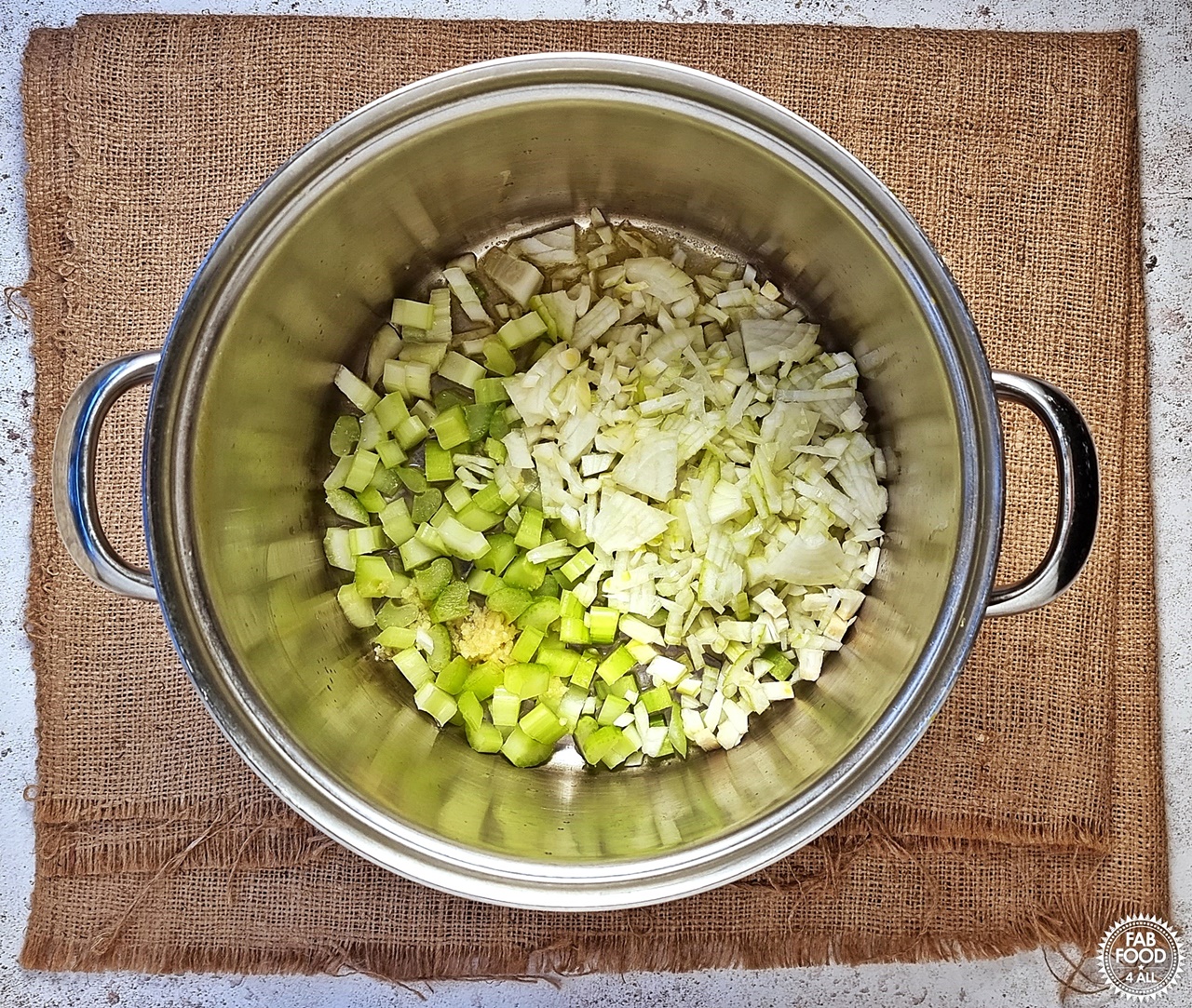 Pan shot with chopped onion, celery & garlic.