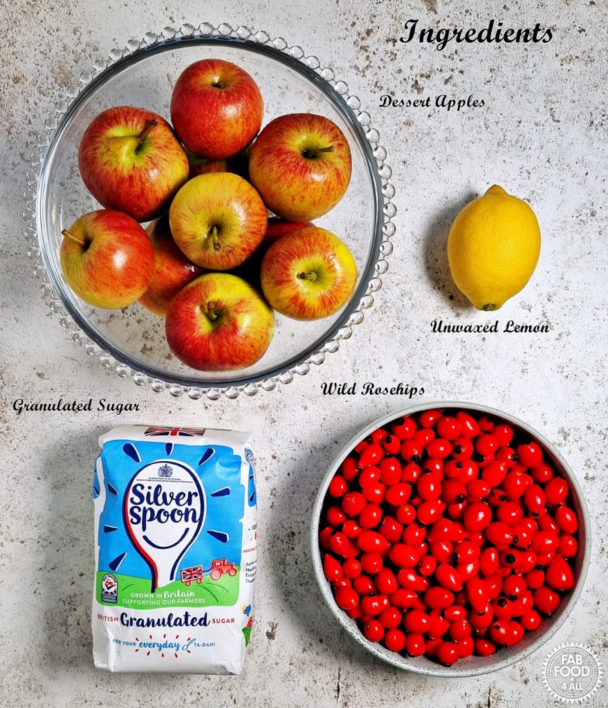 Ingredients for Rosehip & Apple Jelly: dessert apples, rosehips, lemon and granulated sugar.