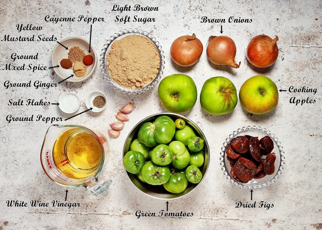 Overhead shot of Easy Green Tomato Chutney Ingredients with labels.
