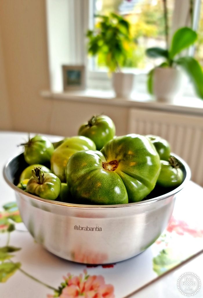 Bowl of green tomatoes on a kitchen table.