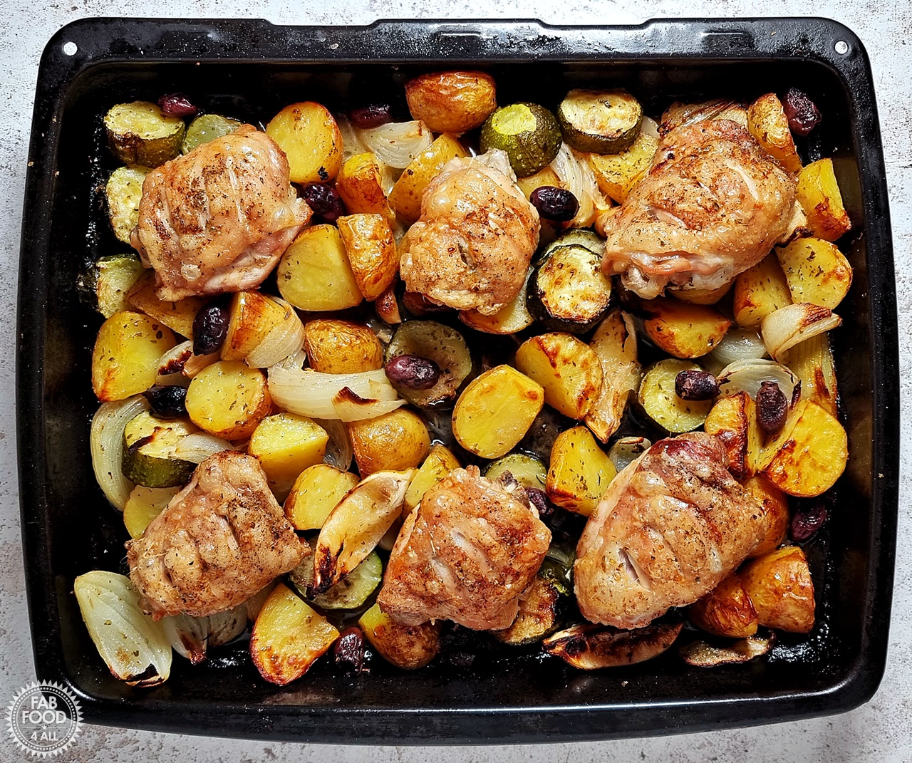 Easy Greek Chicken & Potatoes overhead shot of finished dish.