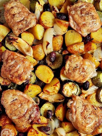 Easy Greek Chicken and Potatoes - overhead view into roasting pan.