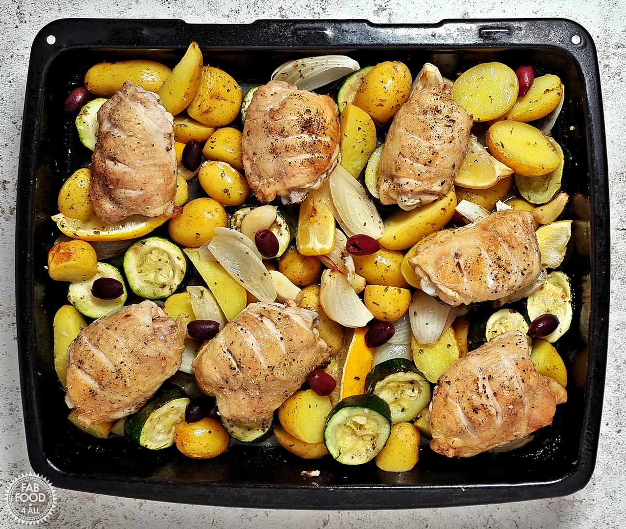 Easy Greek Chicken & Potatoes - olives added halfway through cooking.