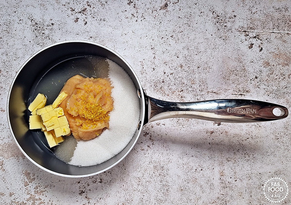 Quince puree, cubed butter, caster sugar, lemon juice and zest in a non-stick pan.