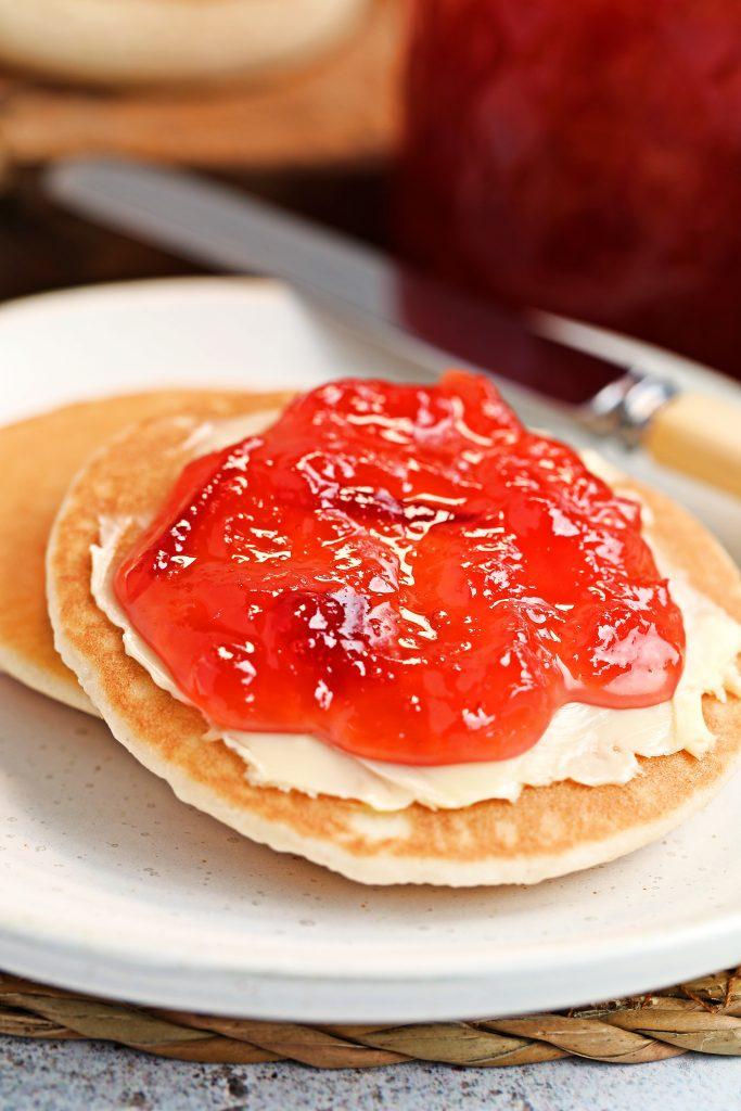 Easy Nectarine Jam spread on a Scotch Pancake.