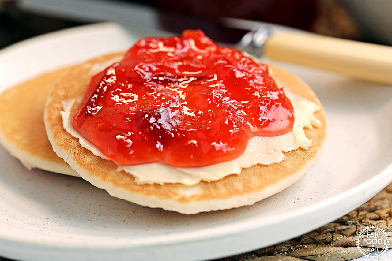 Easy Nectarine Jam spread on a Scotch Pancake.