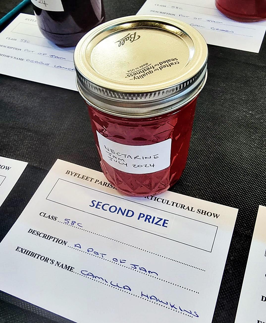 2nd Prize Winning Certificate for Easy Nectarine Jam Recipe with jar of winning jam.