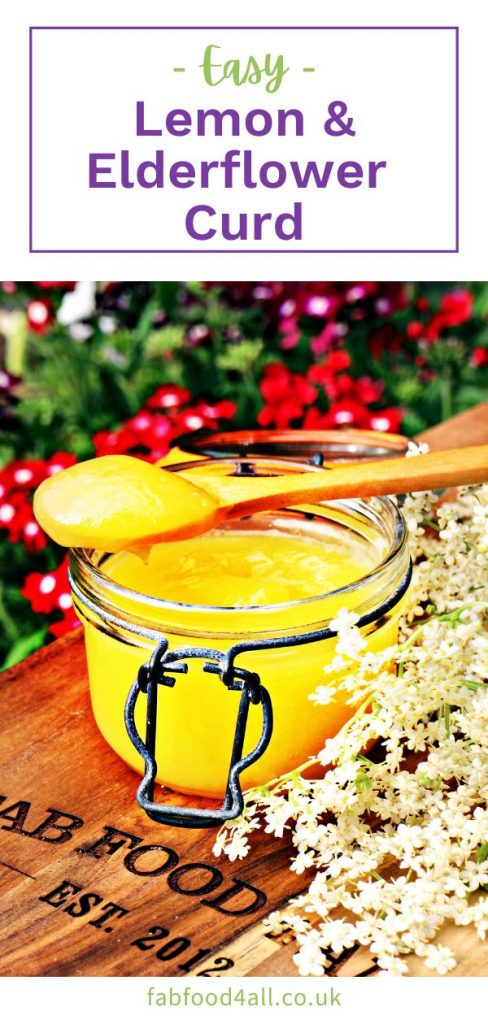 Clip jar with Easy Lemon & Elderflower Curd Pinterest image.