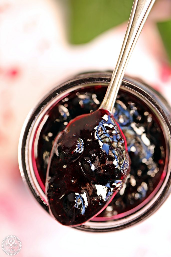 Overhead view of a spoon of Easy Blackcurrant Jam resting on top of a jar with green leaf in background.