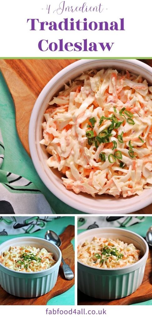 Coleslaw Pinterest Image - bowl of coleslaw on a board with serving spoon.