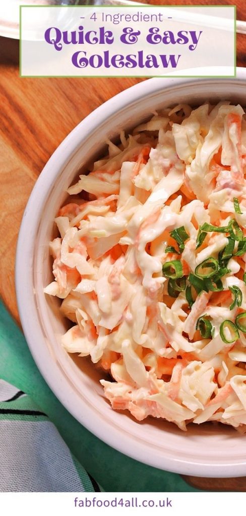 Quick & Easy Coleslaw Pinterest image looking down into the bowl.
