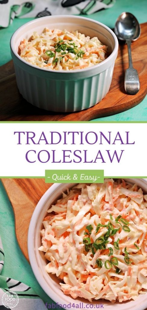 Coleslaw Pinterest Image - bowl of traditional coleslaw on a board with serving spoon.