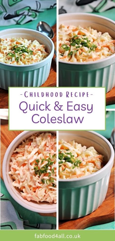Coleslaw Pinterest Image - bowl of quick & easy coleslaw on a board with serving spoon.