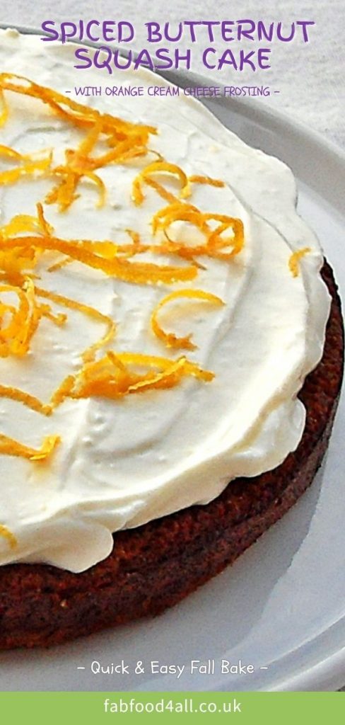 Quick & Easy Spelt Butternut Squash Cake with orange cream cheese icing Pinterest image of half the cake.