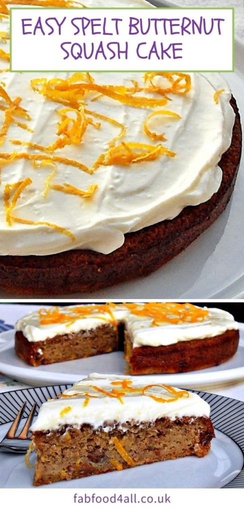 Quick & Easy Spelt Butternut Squash Cake with orange cream cheese frosting Pinterest image montage.