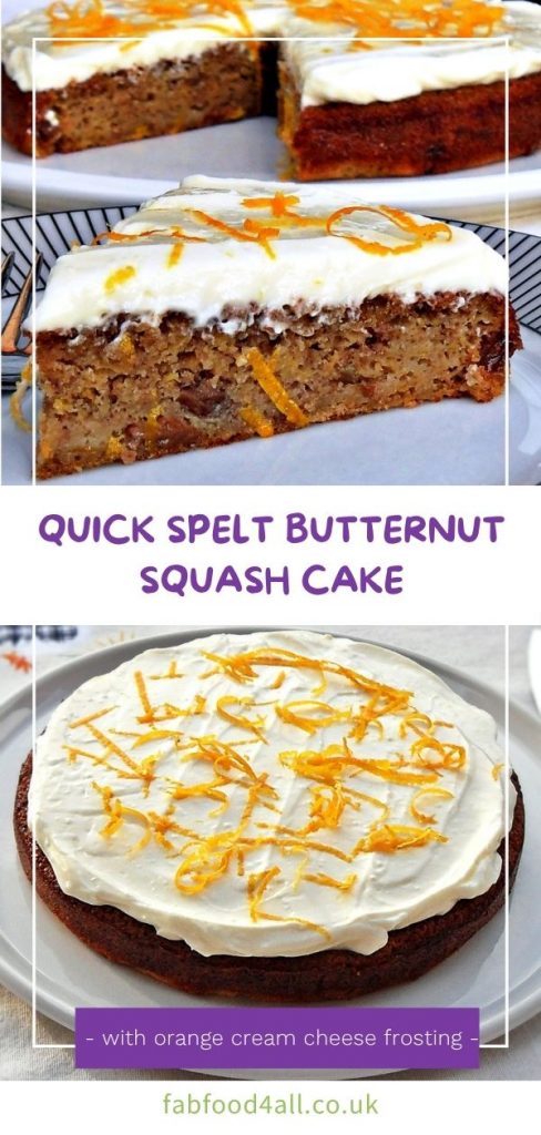 Quick & Easy Spelt Butternut Squash Cake with orange cream cheese frosting Pinterest image montage.