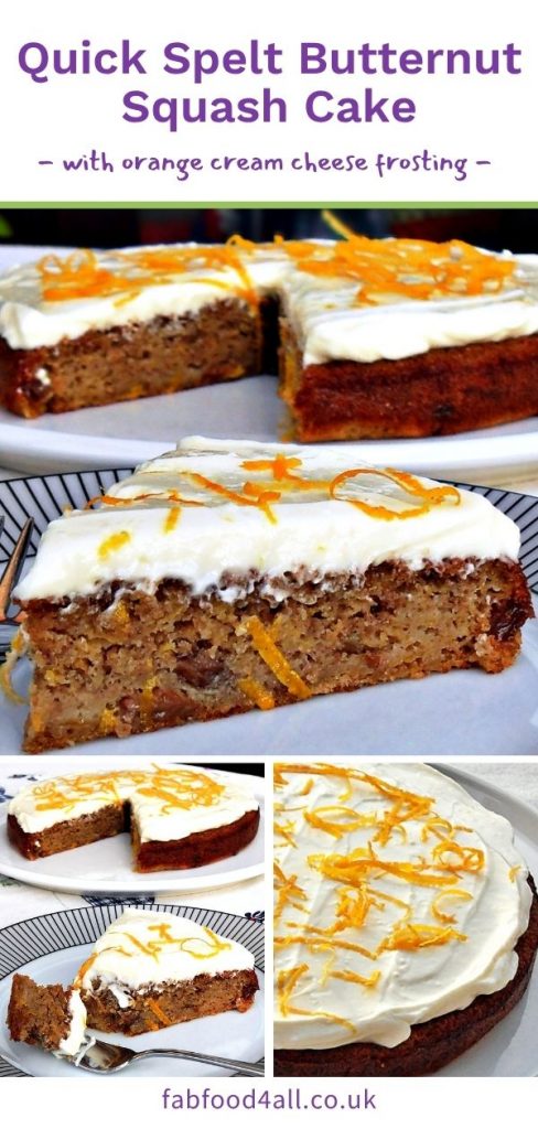 Quick & Easy Spelt Butternut Squash Cake with orange cream cheese frosting Pinterest image montage.