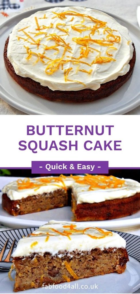 Quick & Easy Spelt Butternut Squash Cake with orange cream cheese icing Pinterest image montage.