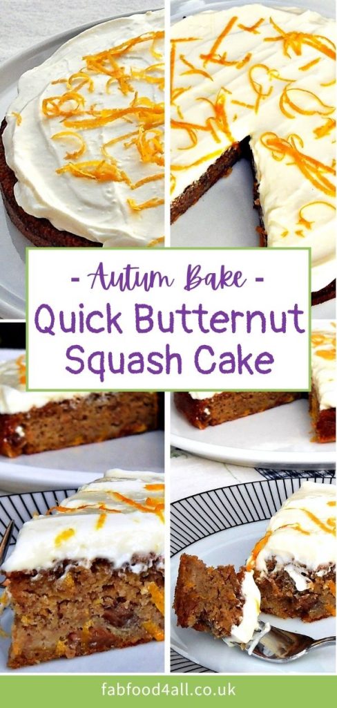 Quick & Easy Spelt Butternut Squash Cake with orange cream cheese icing Pinterest image montage.