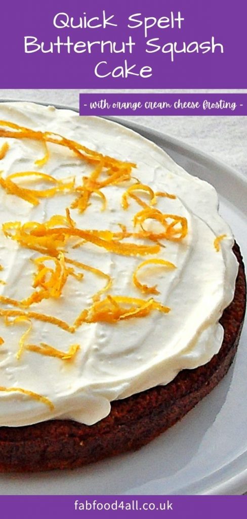 Quick & Easy Spelt Butternut Squash Cake with orange cream cheese frosting Pinterest image showing half the cake.