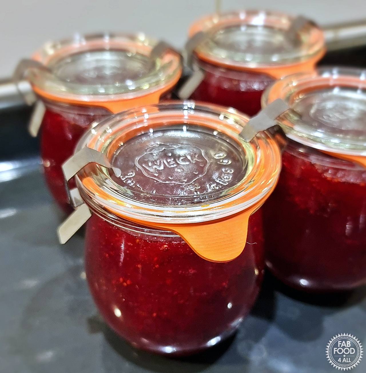 Easy Christmas Jam in Weck jars with lids attached after potting up.