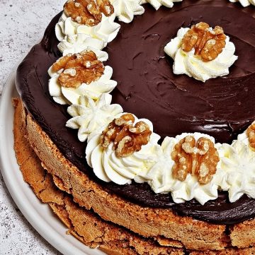 Walnut Mocha Torte, close up of half the cake on a white platter at a 45 degree angle.