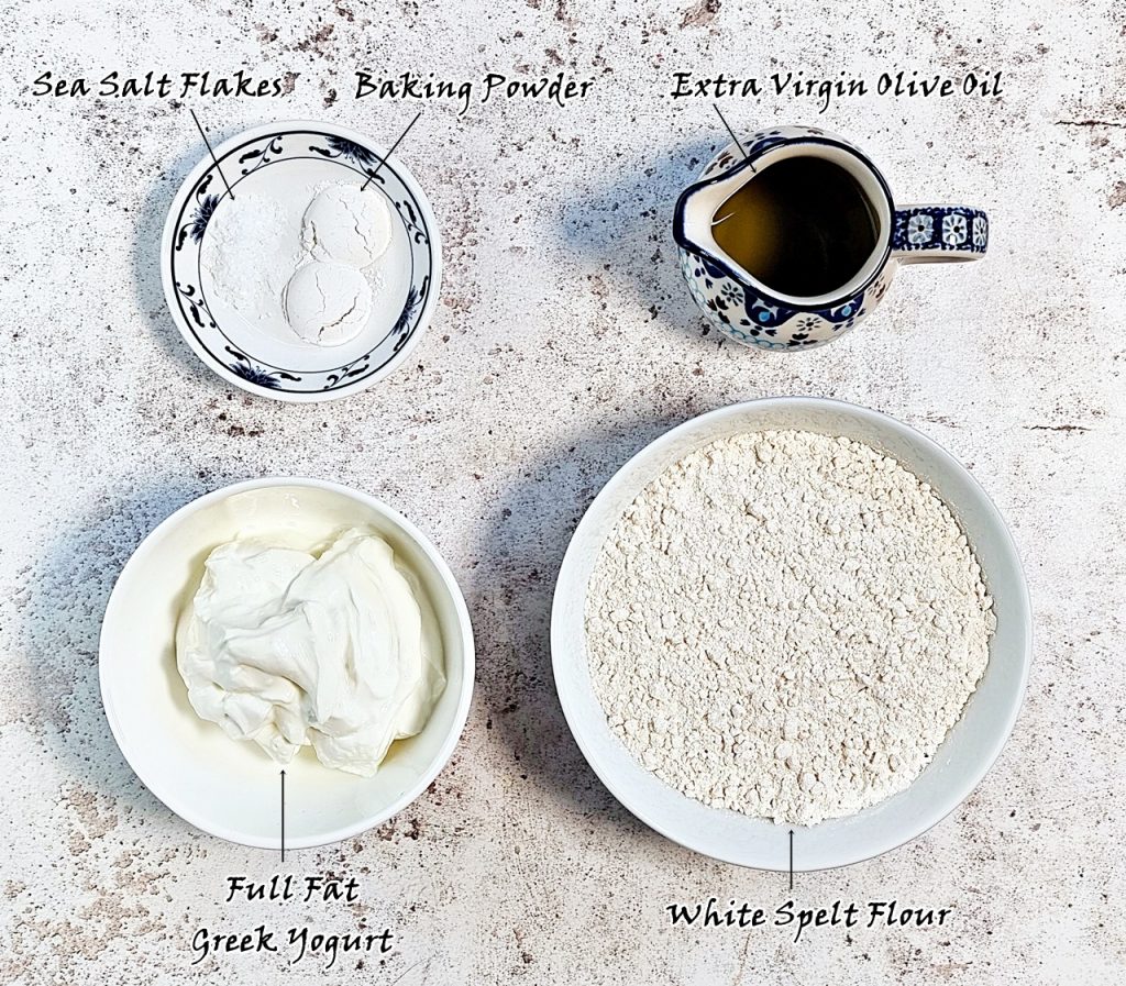 Easy Spelt Yogurt Flatbread ingredients: Sea salt, baking powder, extra virgin olive oil (for drizzling),