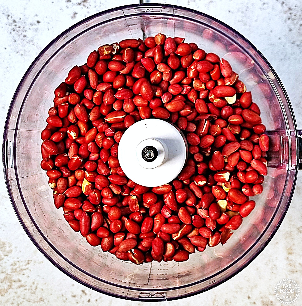 Roasted red skin peanuts in a food processor.