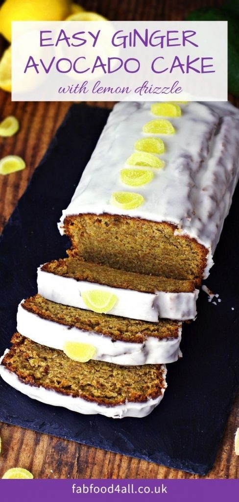 Easy Ginger & Avocado Cake with Lemon Drizzle Pinterest image.