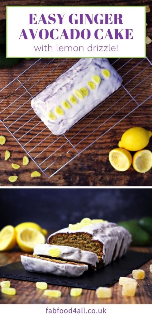 Easy Ginger & Avocado Cake with Lemon Drizzle Pinterest image.