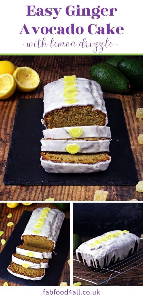 Easy Ginger & Avocado Cake with Lemon Drizzle Pinterest image.