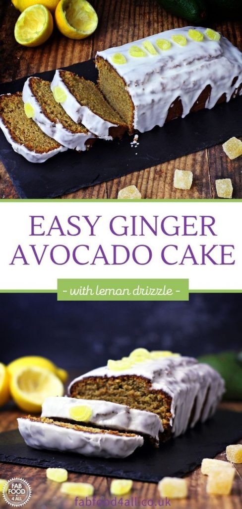 Easy Ginger & Avocado Cake with Lemon Drizzle Pinterest image.