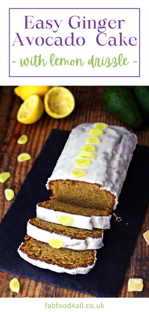 Easy Ginger & Avocado Cake with Lemon Drizzle Pinterest image.