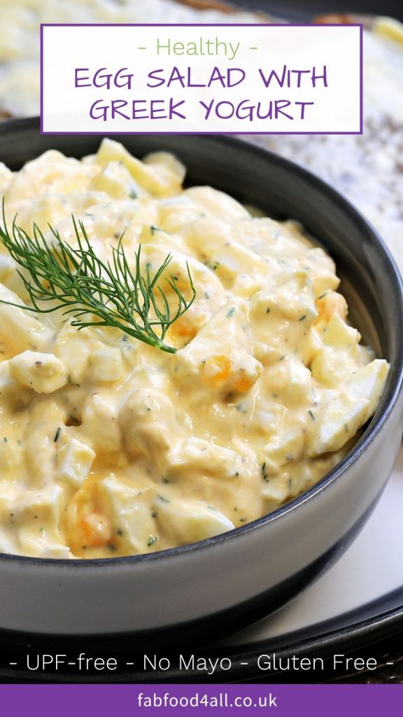 Healthy Egg Salad with Greek Yogurt (No Mayo) and dill in a bowl. Pinterest Image.