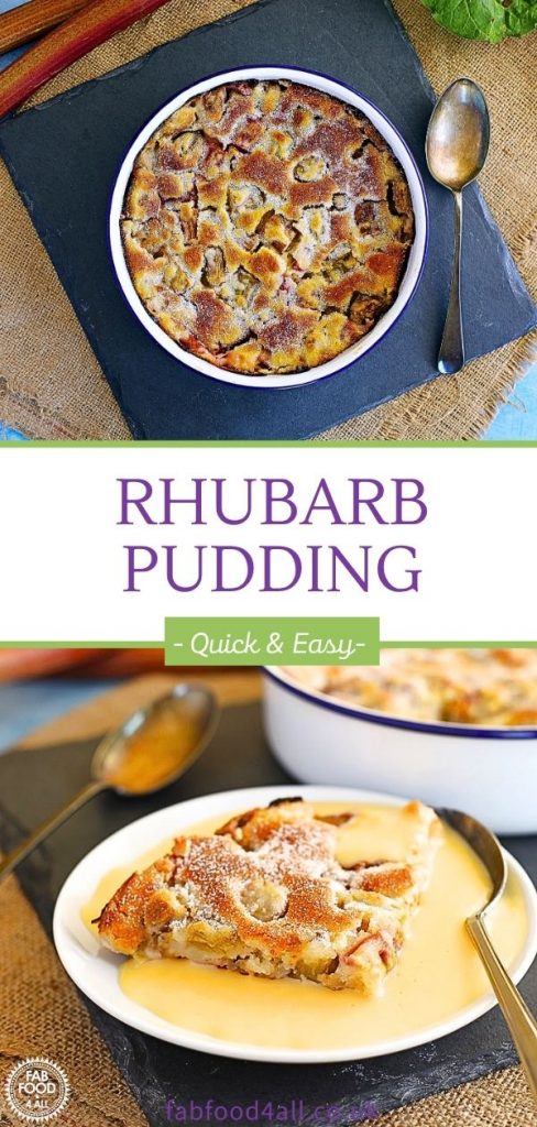 Rhubarb Pudding and custard Pinterest image montage.