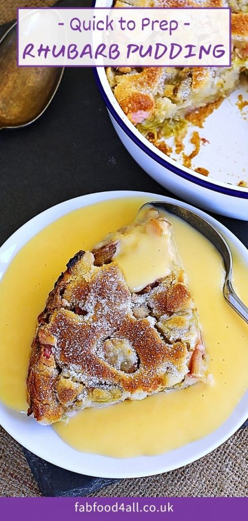 Rhubarb Pudding and custard Pinterest image montage.