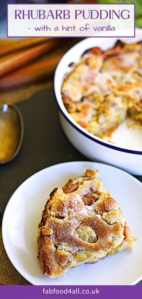 Rhubarb Pudding and custard Pinterest image montage.