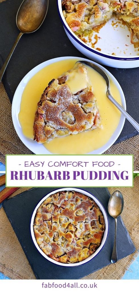 Rhubarb Pudding and custard Pinterest image montage.
