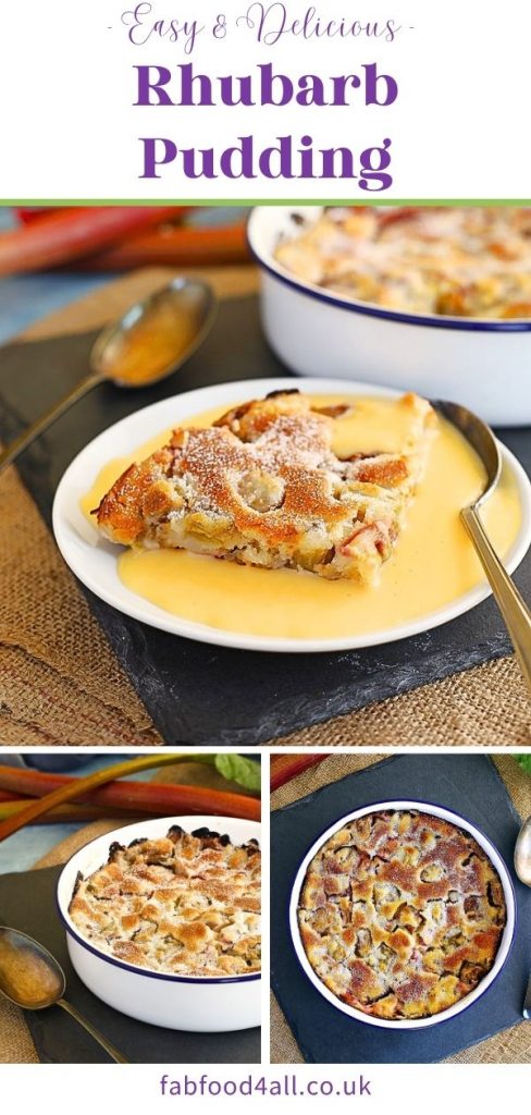 Rhubarb Pudding and custard Pinterest image montage.
