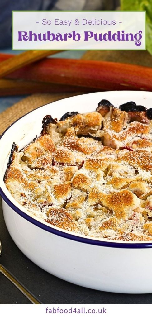 Rhubarb Pudding and custard Pinterest image montage.