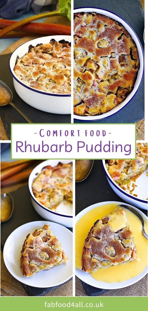 Rhubarb Pudding and custard Pinterest image montage.