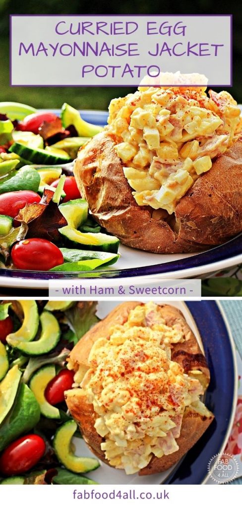 Curried Egg Mayonnaise with Ham & Sweetcorn Jacket Potato Pinterest Image.