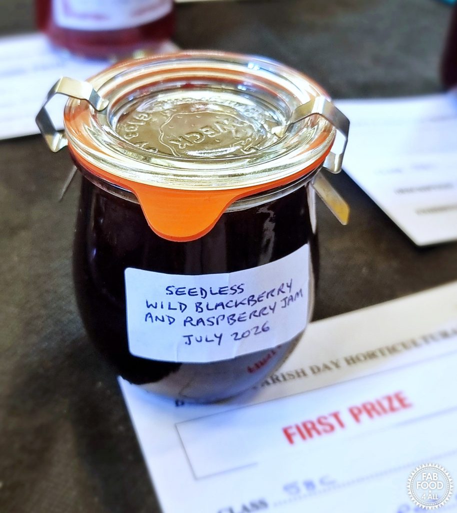 Seedless Wild Blackberry & Raspberry Jam pictured next to it's 1st prize card at Parish Day Horticultural Show.