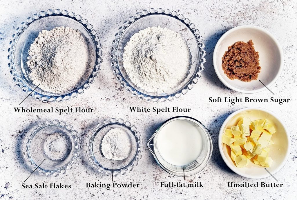Spelt Scones Ingredients: Wholemeal Spelt Flour, White Spelt Flour, Soft Light Brown Sugar, Sea Salt Flakes, Baking Powder, Full-fat milk and Unsalted Butter.