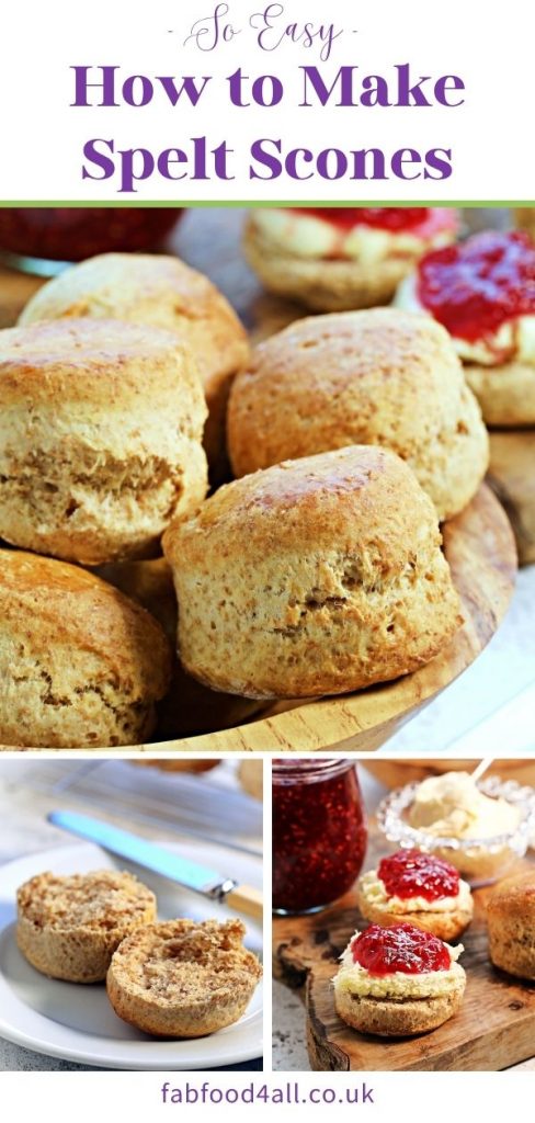 Spelt Scones Pinterest image collage showing whole scones, a split scone and a cream tea.