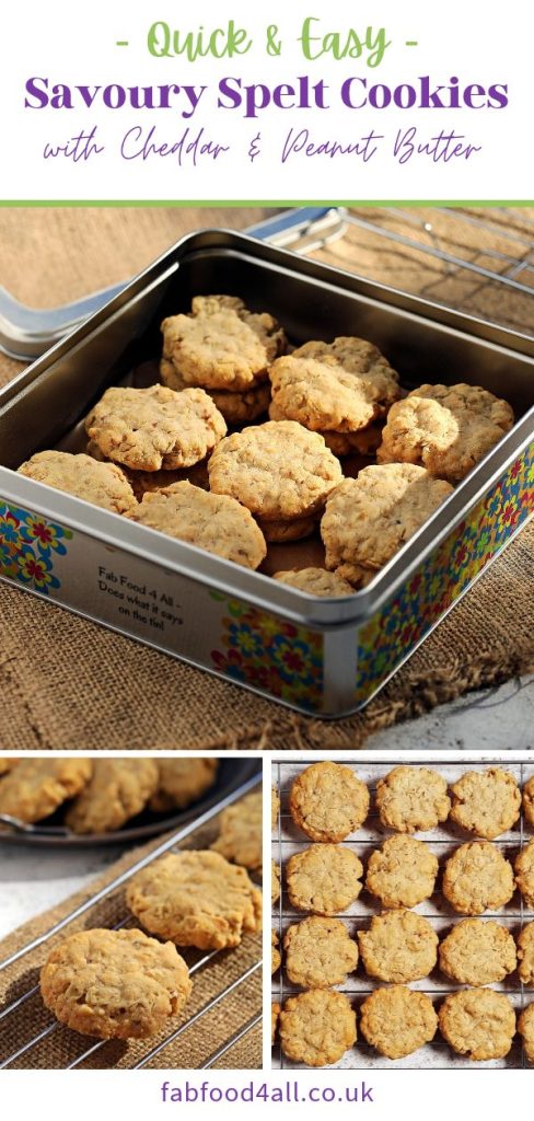 Quick & Easy Savoury Spelt Cookies with Cheddar & Peanut Butter Pinterest montage image.